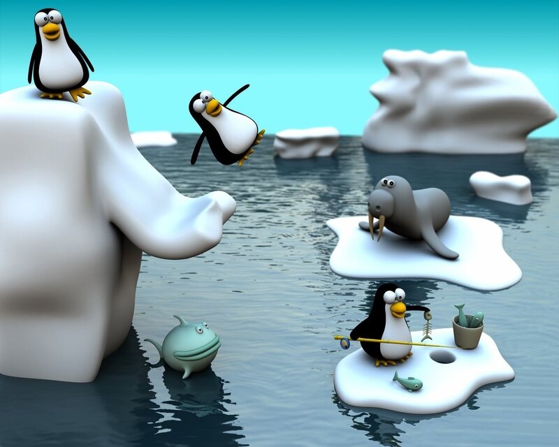 Penguins on Ice Floes — White, Playful