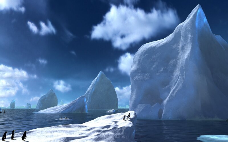Penguins on Icebergs — Blue, Dramatic, 3d Render
