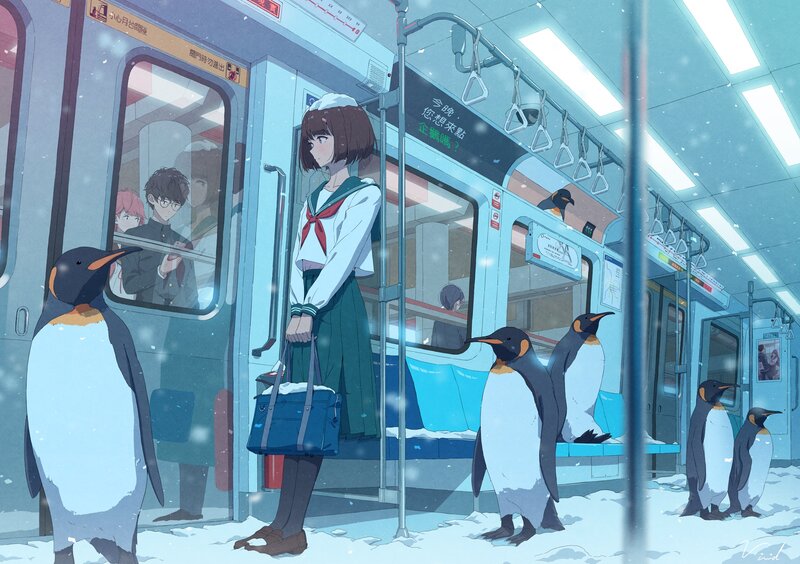 Penguins on Subway Platform — Blue