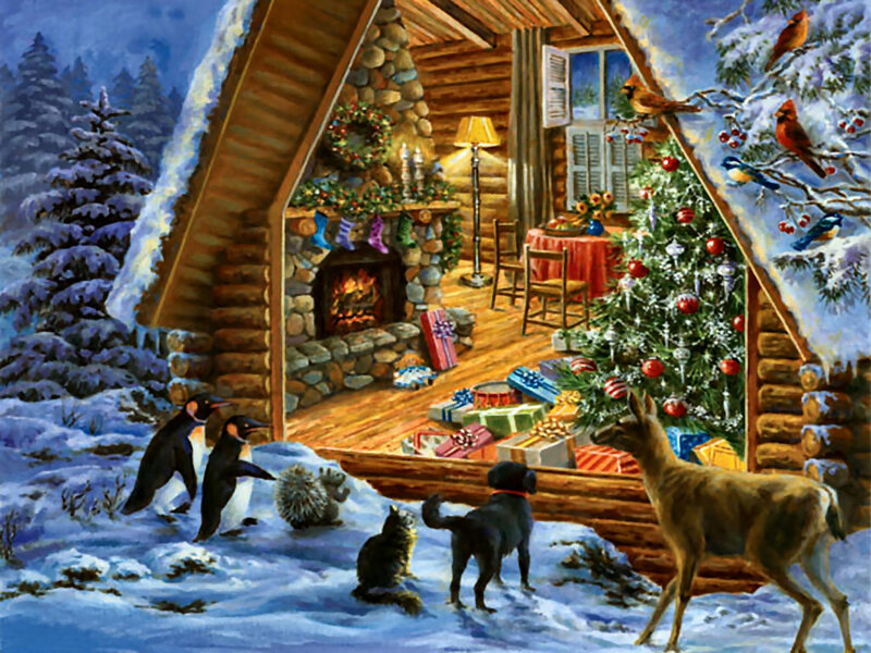 Penguins Outside Cabin — Blue