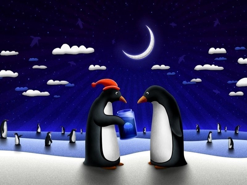 Penguins sharing a glowing jar