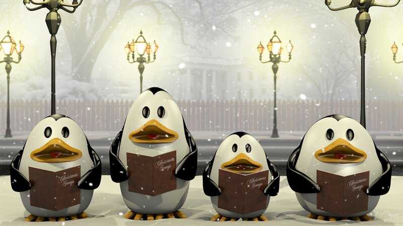 Penguins Singing Carols — White, Festive