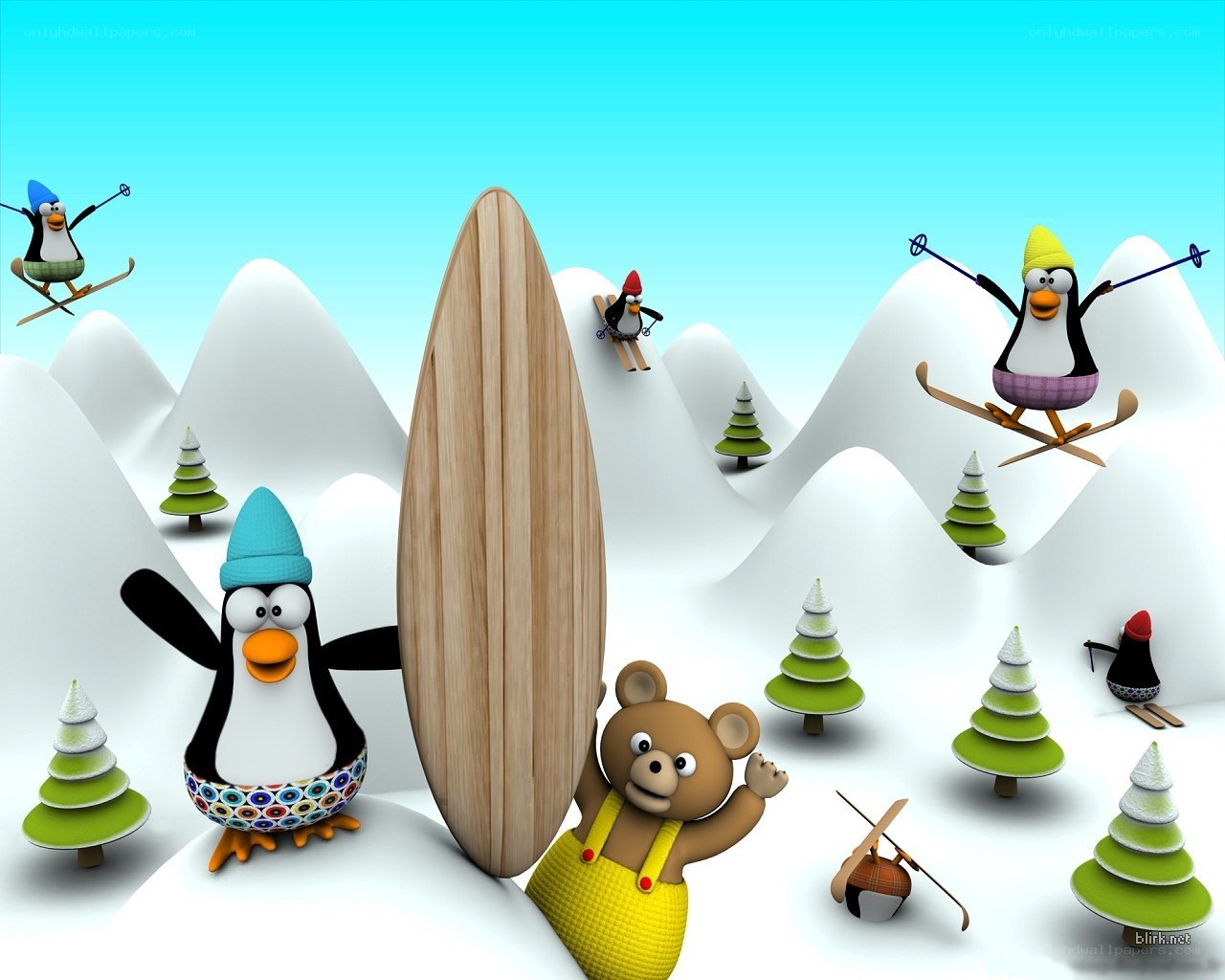 Penguins skiing in winter