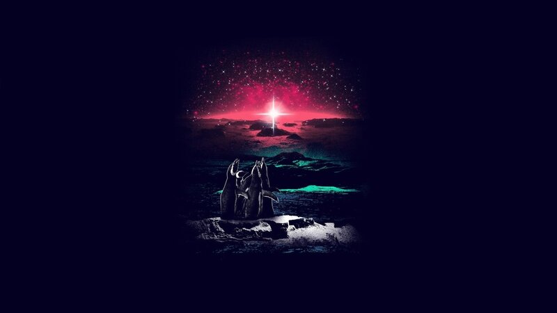 penguins under a starry sky