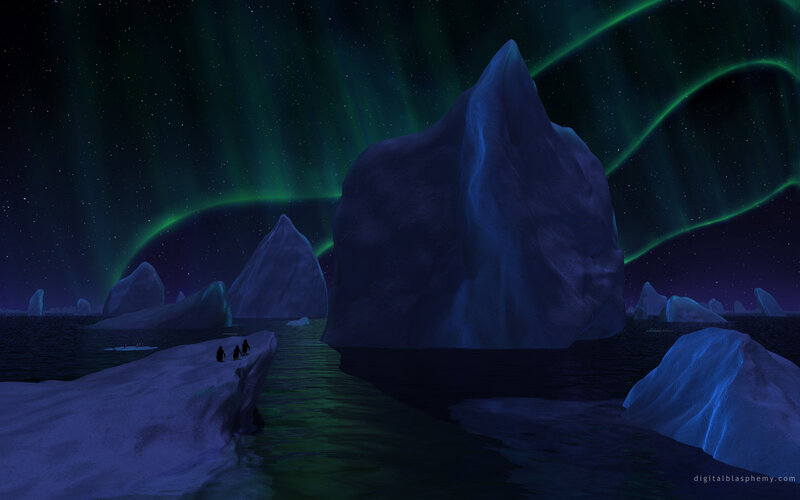 Penguins under aurora borealis