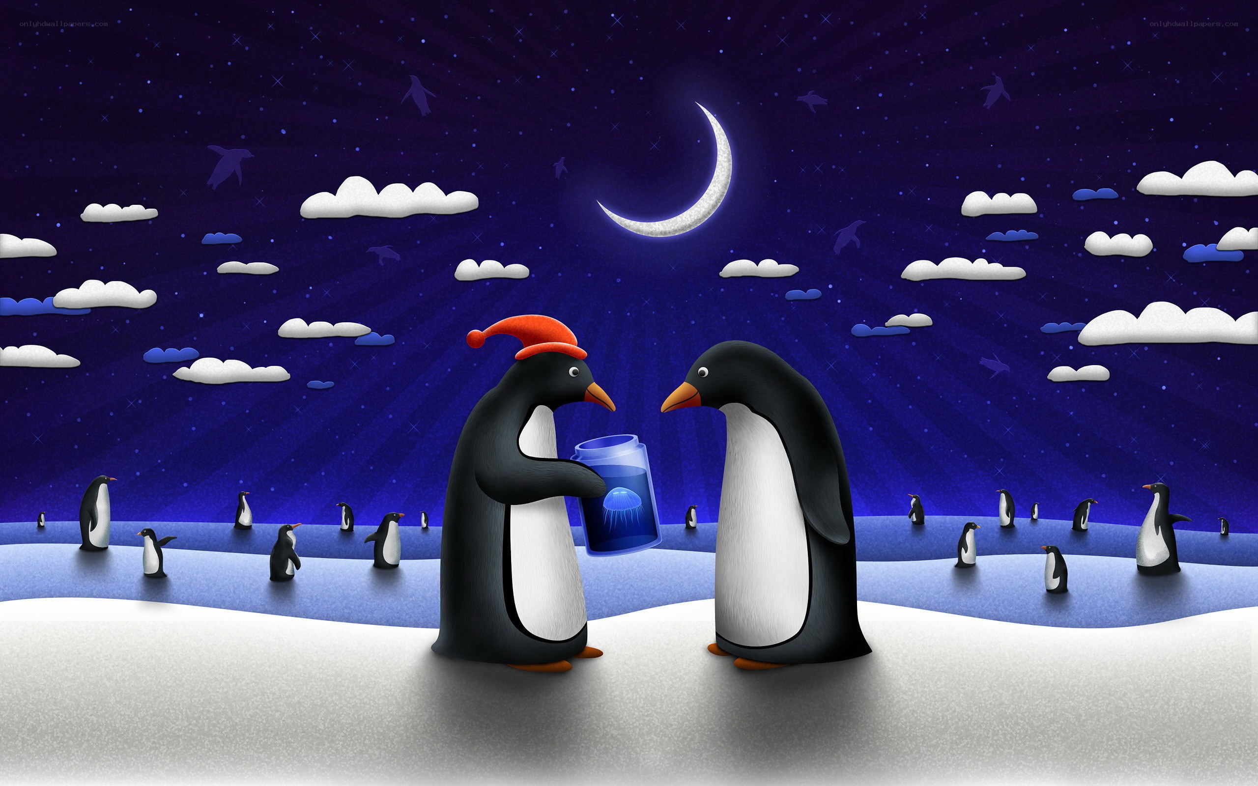 Penguins under the moon