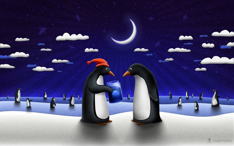 Penguins under the moonlight