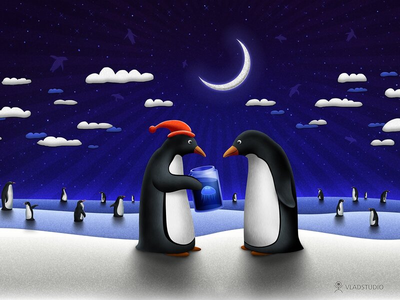 Penguins under the moonlight