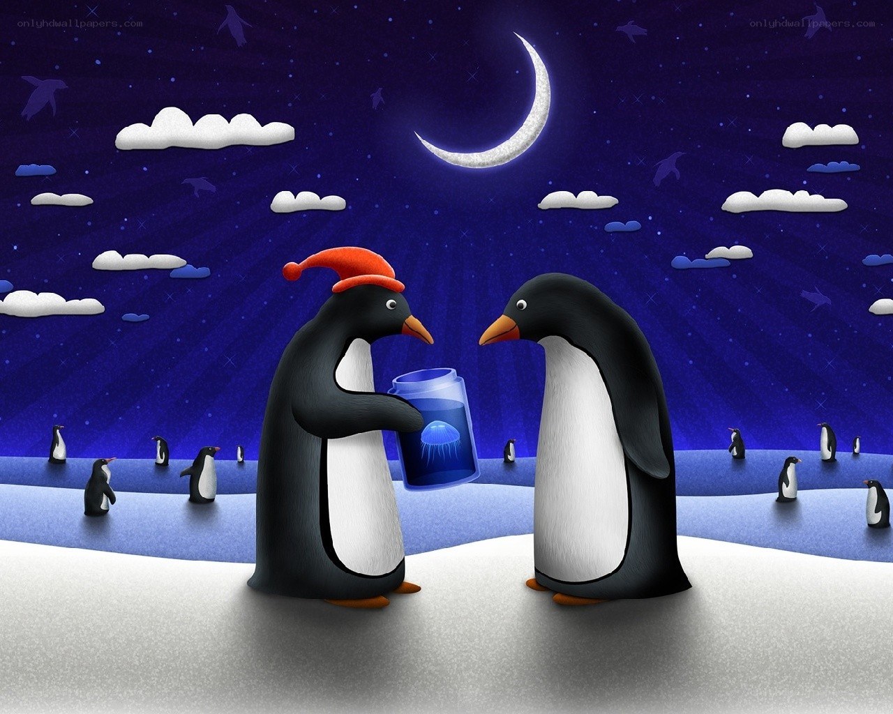 Penguins with jellyfish under moonlight