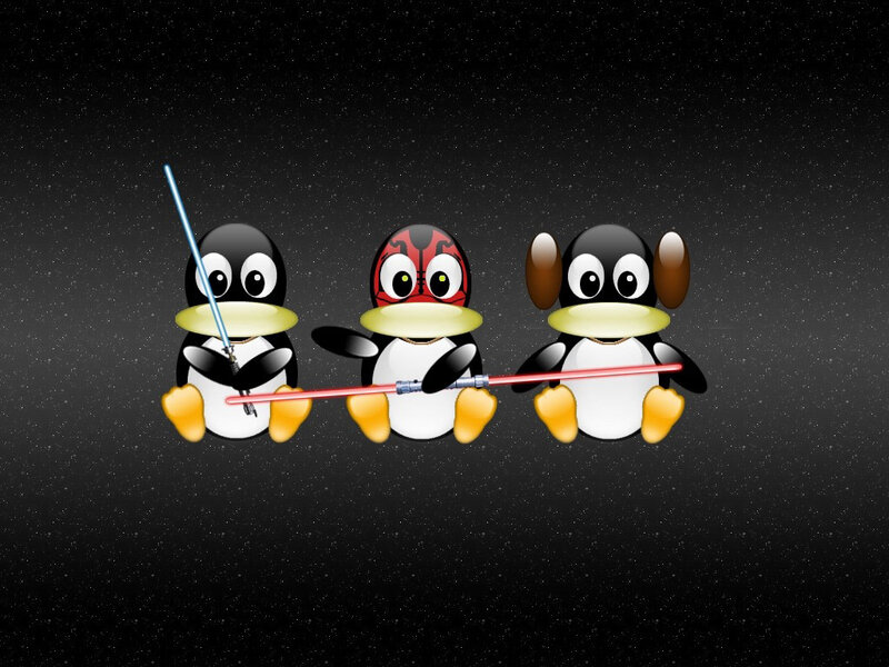 Penguins with lightsabers in space