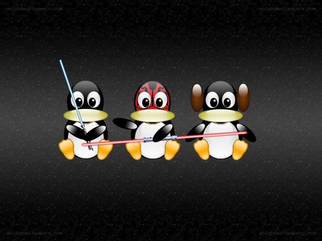 Penguins with lightsabers in space