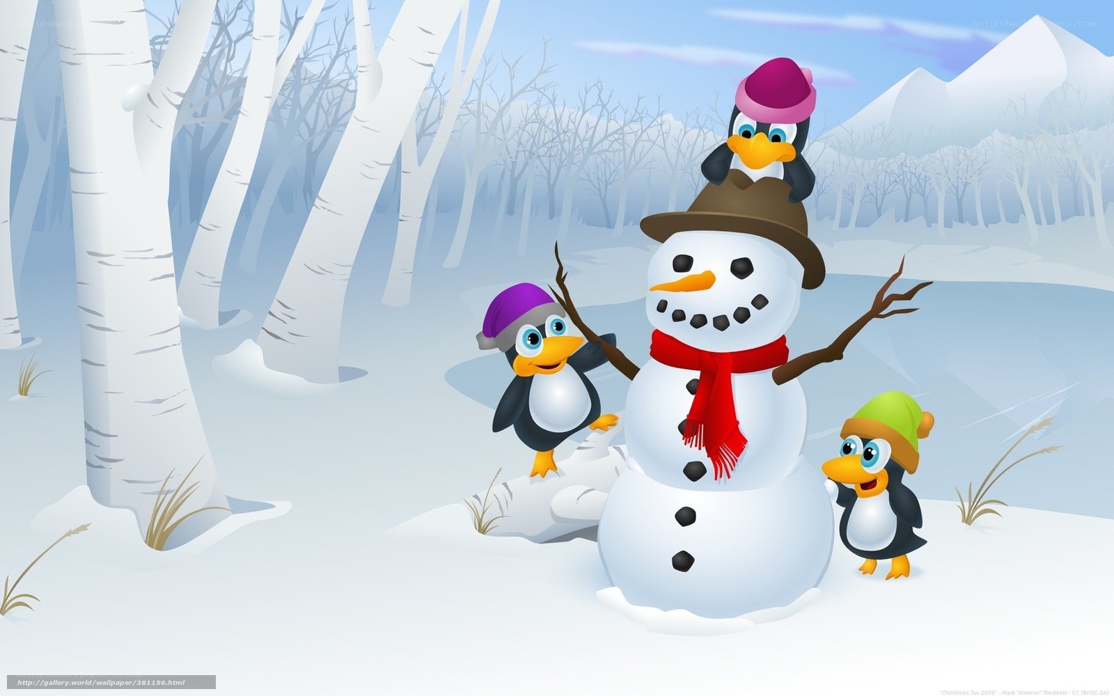 Penguins with snowman in winter