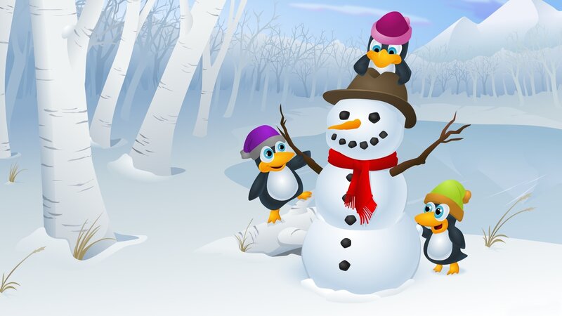 Penguins with Snowman — White, Playful