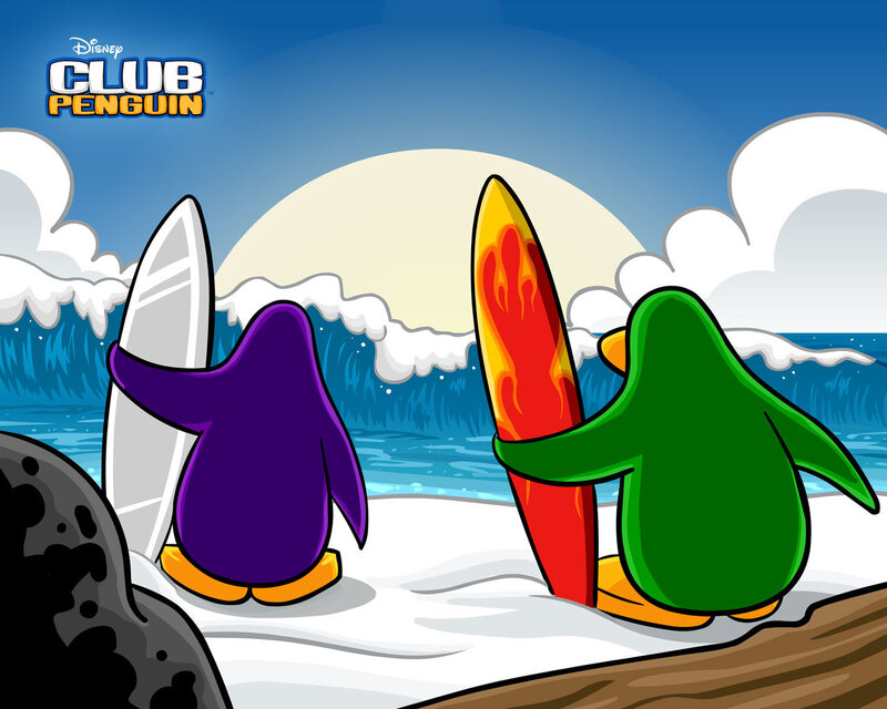 Penguins with surfboards