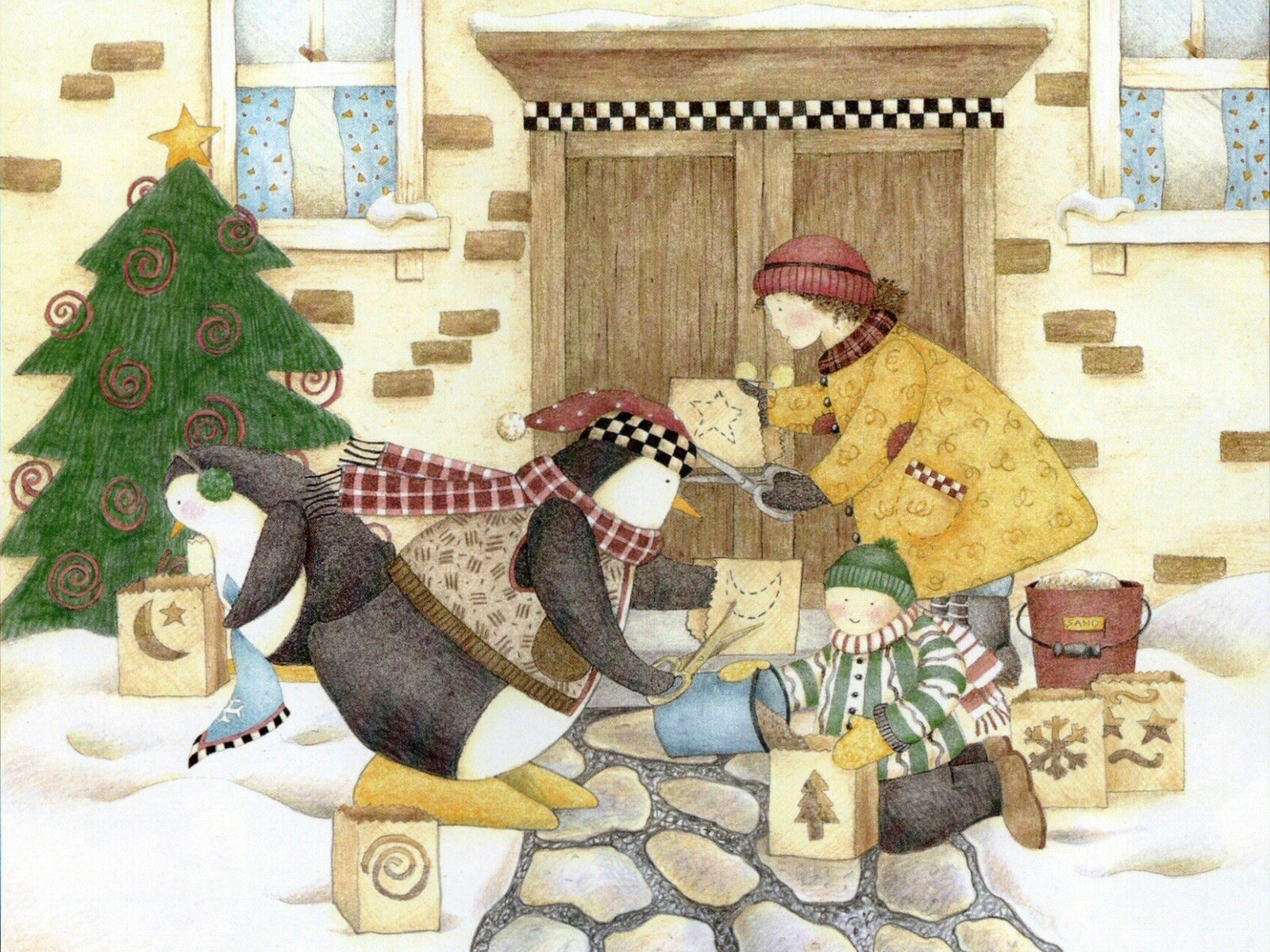 Penguins wrapping gifts in snow