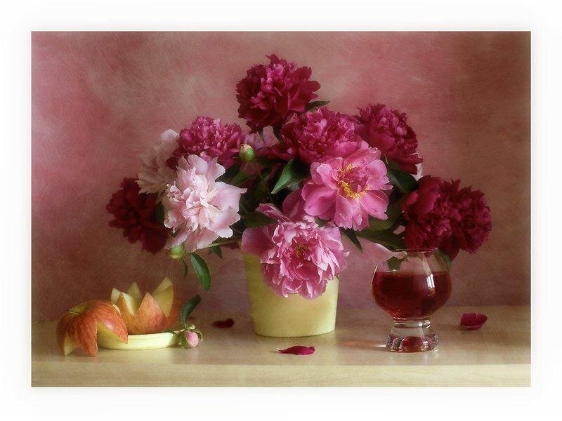 Peonies and apples still life