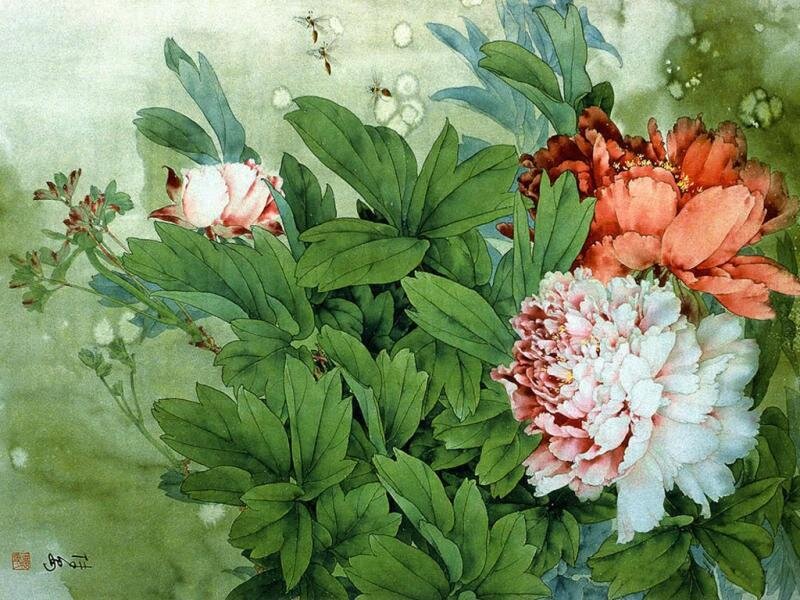 Peonies and Bees in a Garden