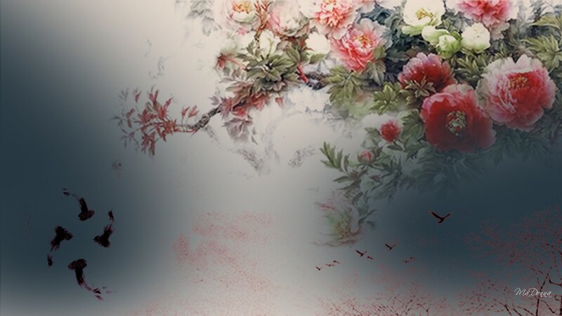 Peonies and Birds — Red