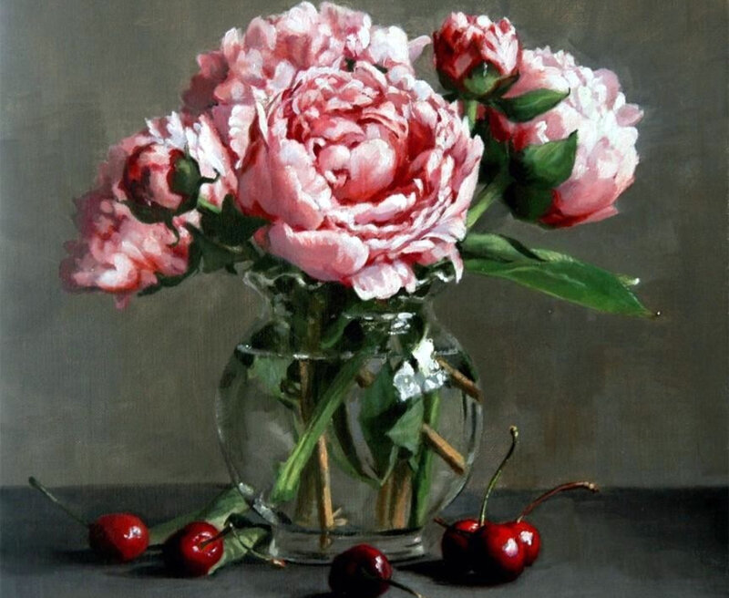peonies and cherries in a vase
