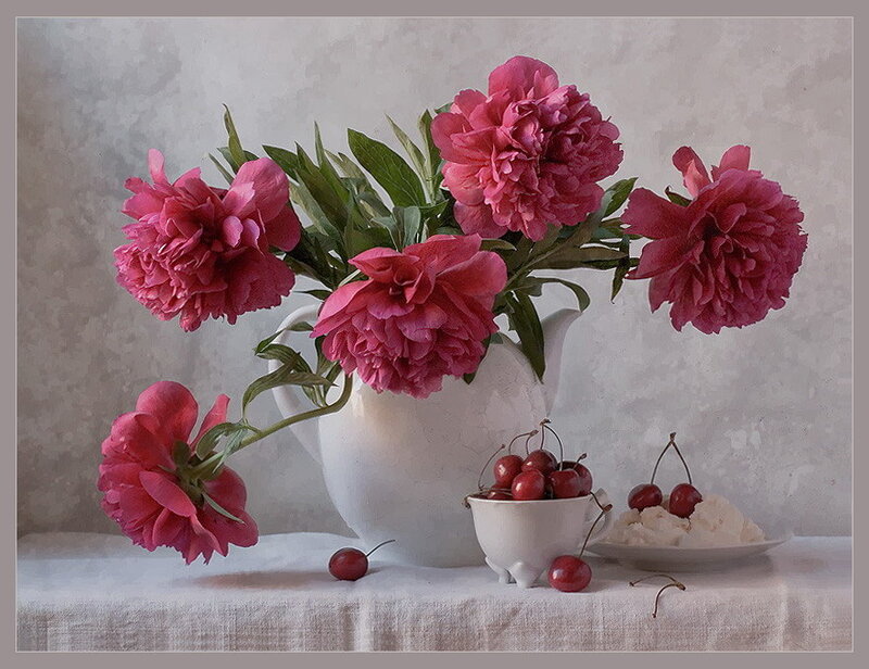 Peonies and cherries still life