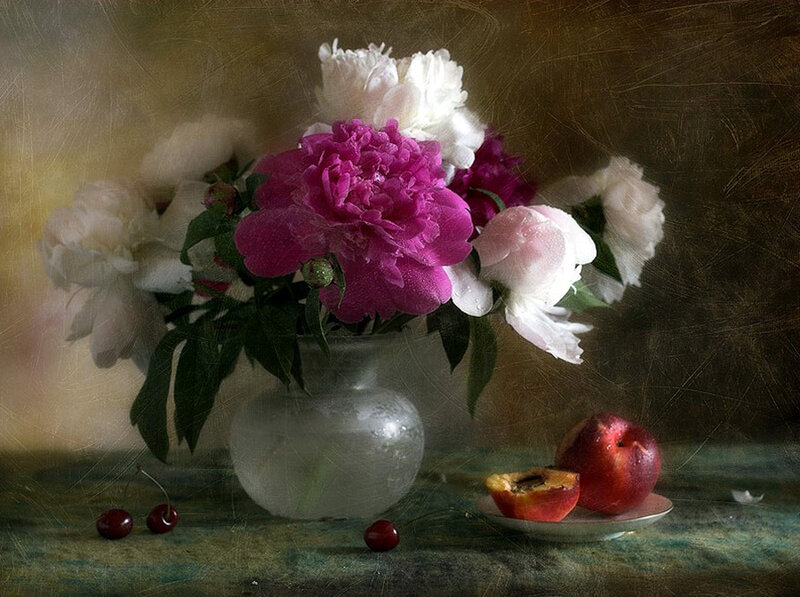 Peonies and fruit still life