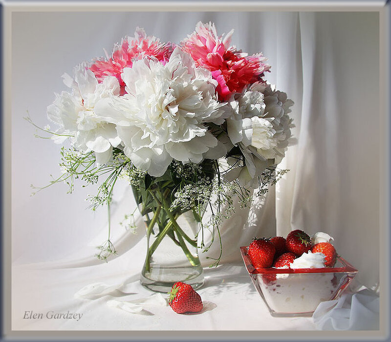 Peonies and strawberries still life