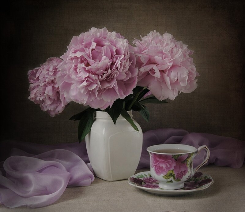 Peonies and tea still life