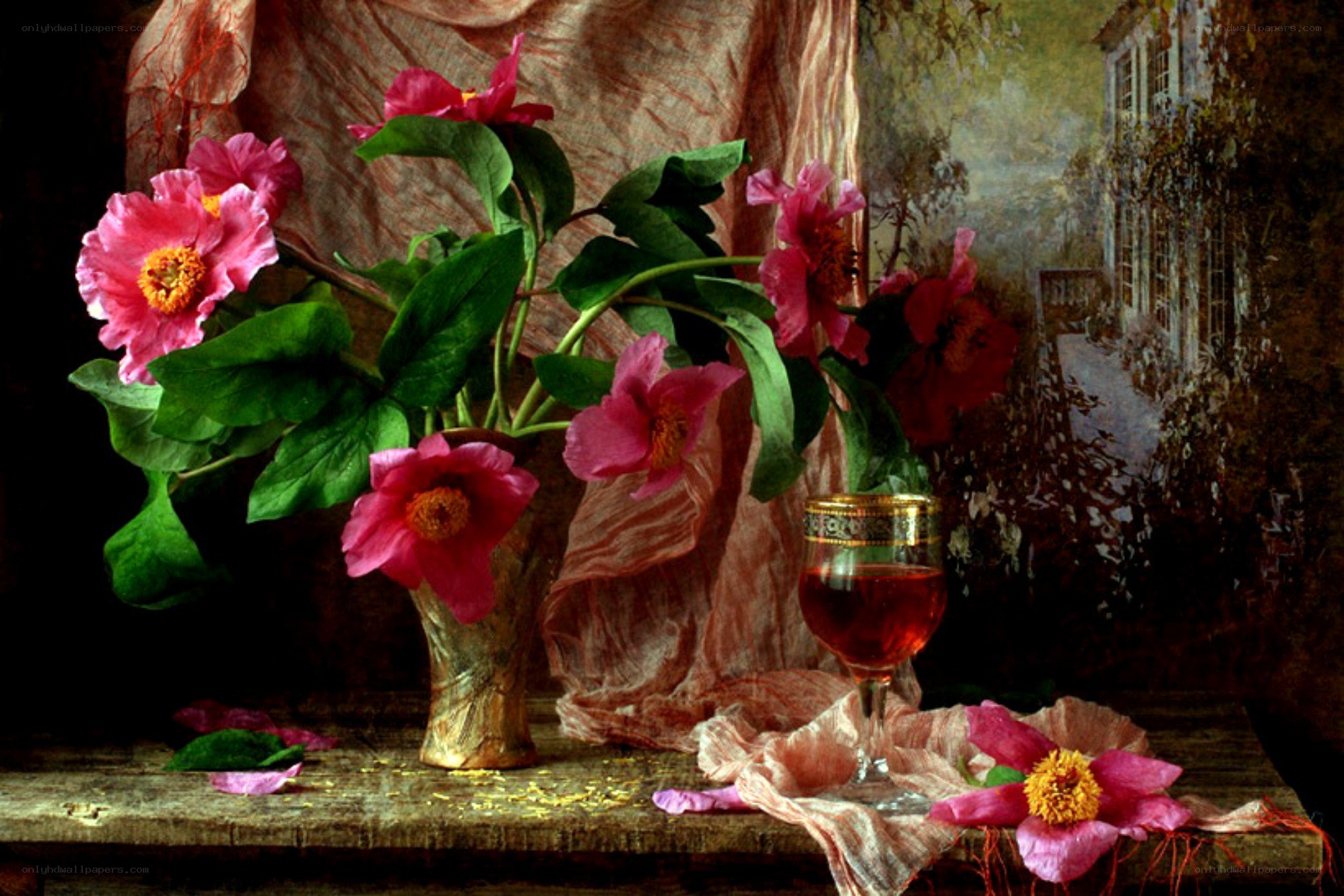 Peonies and wine glass