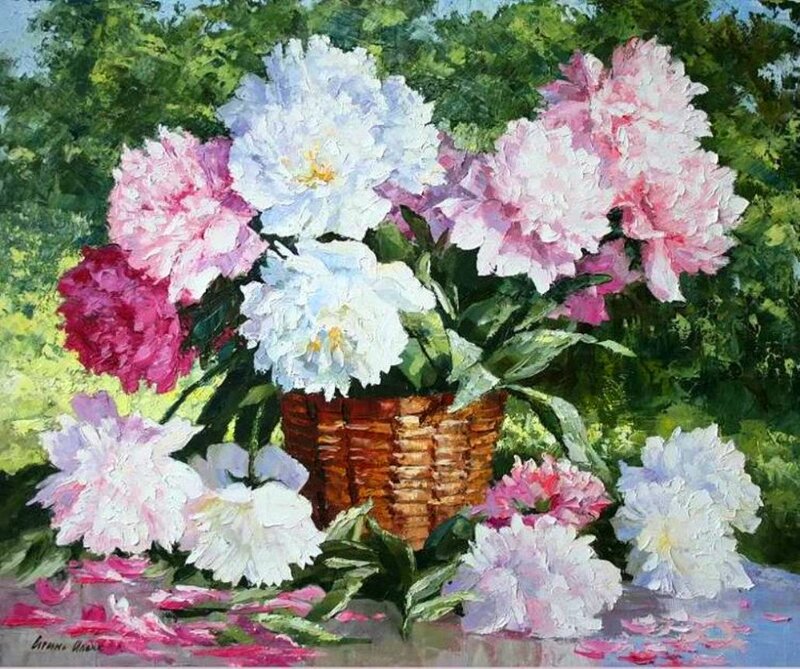 Peonies in a Basket — Pink, Serene