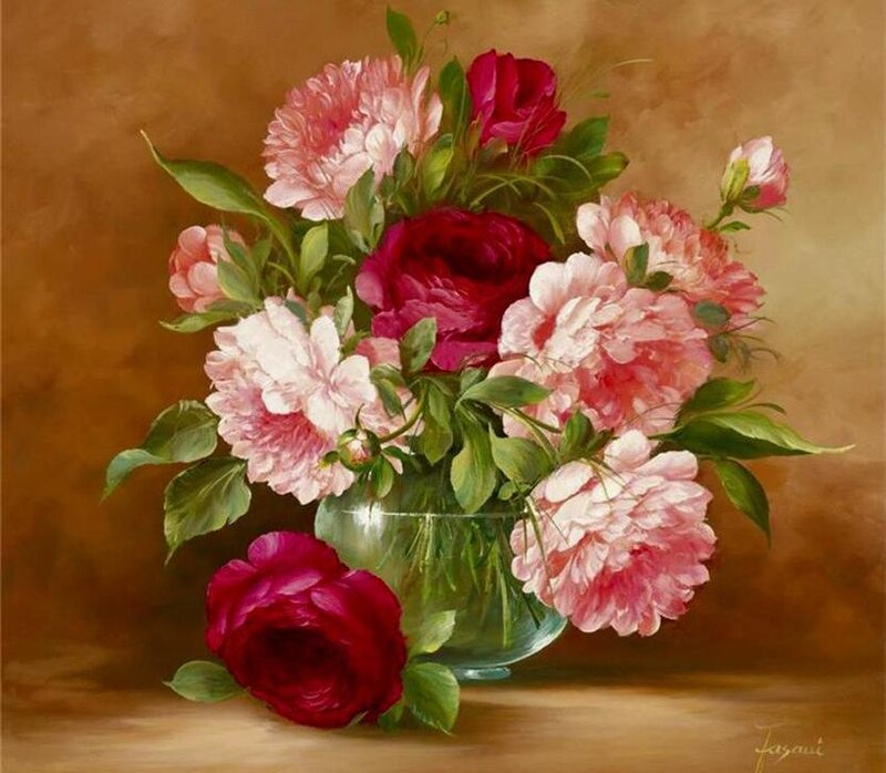 Peonies in a glass vase