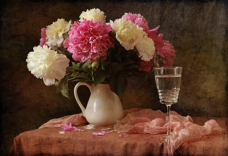 Peonies in a white pitcher