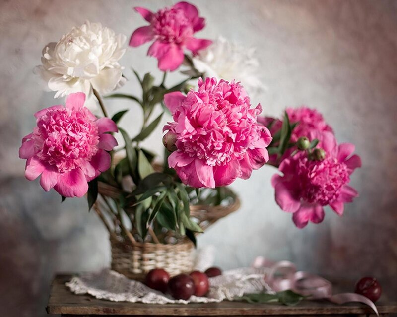 Peonies in a wicker basket