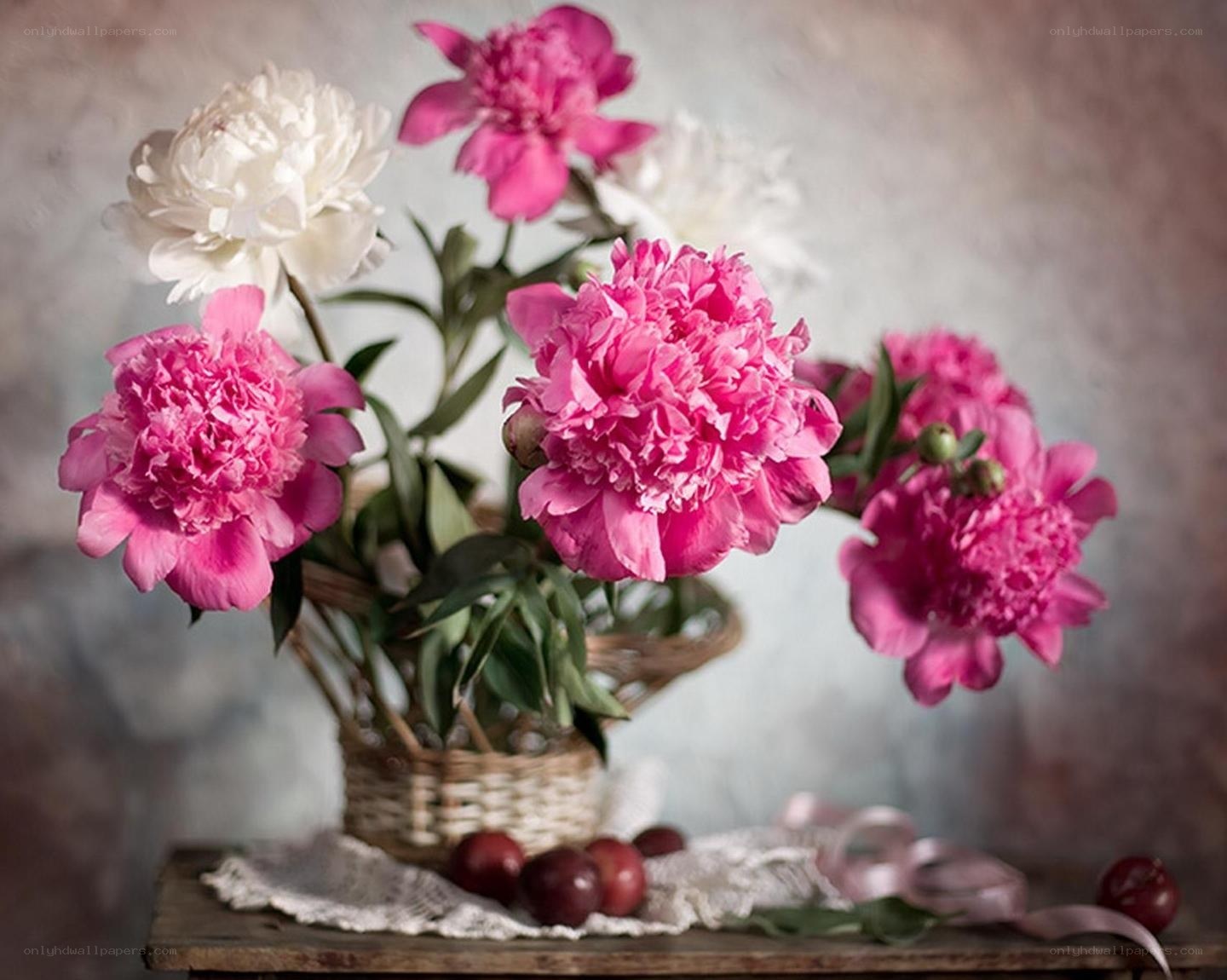 Peonies in a wicker basket