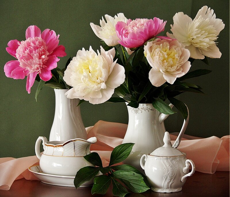 Peonies in Vases — White
