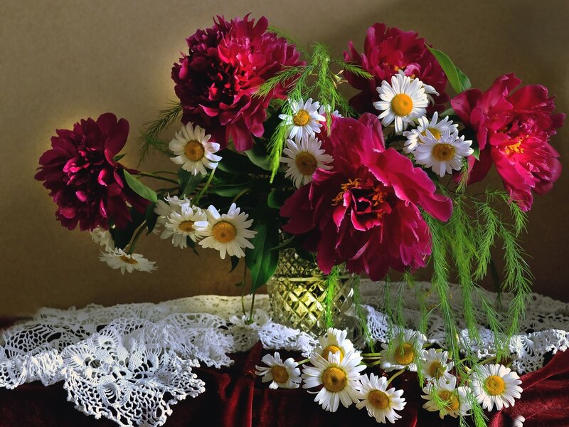 Peony and Daisy Bouquet — Red, Serene
