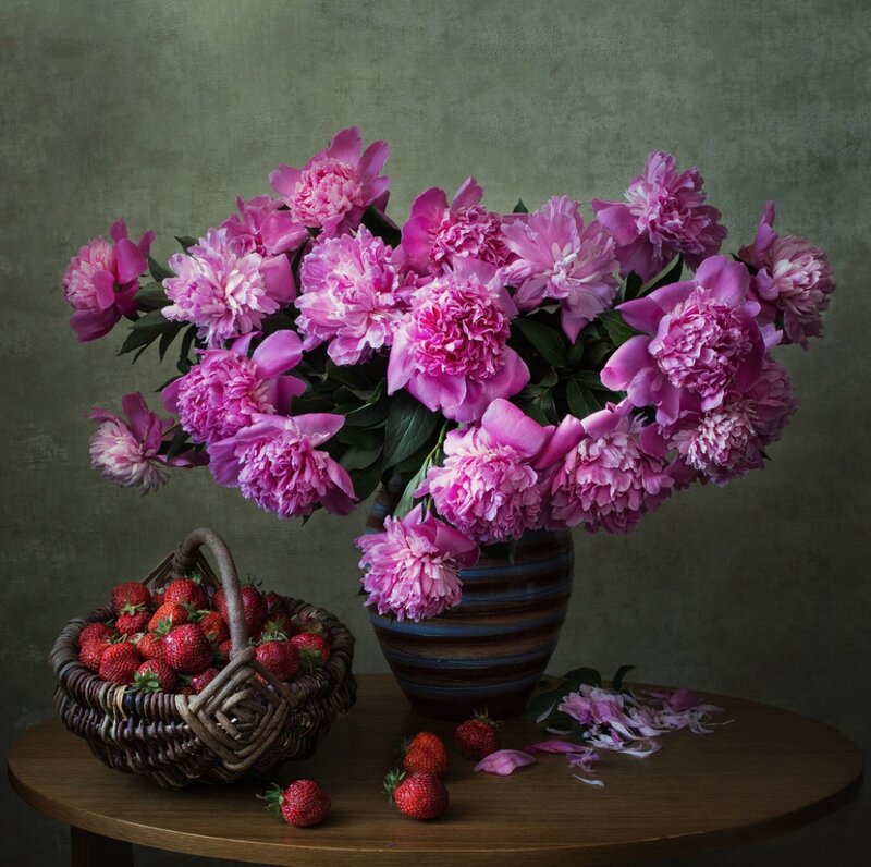 Peony Bouquet and Strawberries