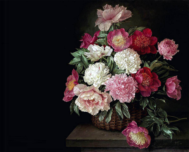 Peony Bouquet in Basket — Pink, Dramatic, Painting
