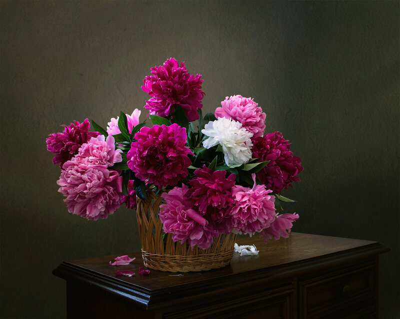 Peony Bouquet in Basket — Pink, Dramatic, Photograph
