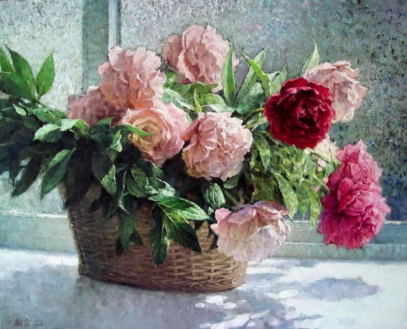 Peony Bouquet in Basket — Pink, Serene, Afternoon, Painting