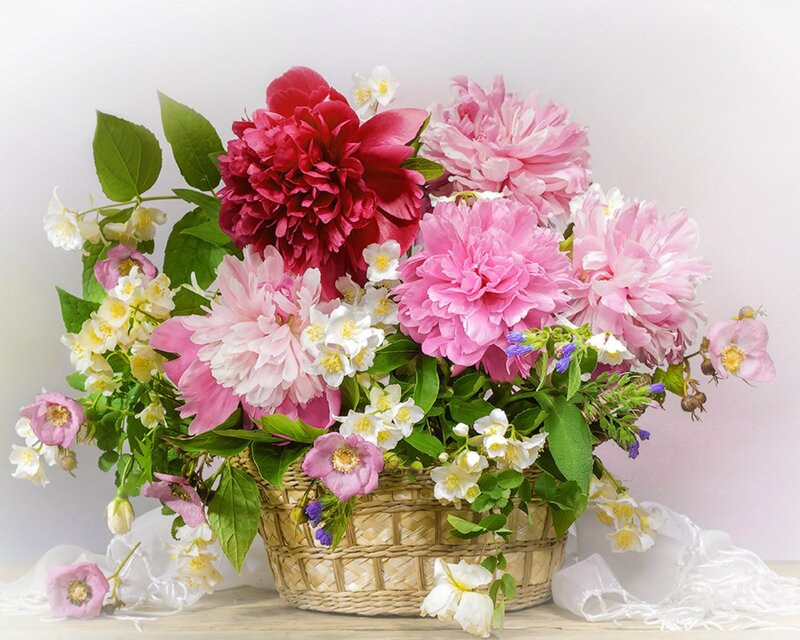 Peony Bouquet in Basket — Pink, Serene, Spring
