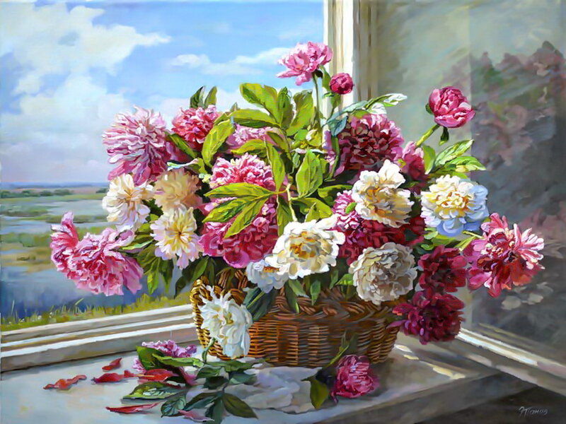 Peony Bouquet in Basket — Pink, Serene