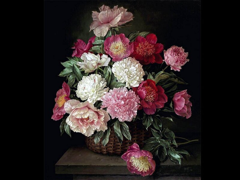 Peony Bouquet in Basket — Pink
