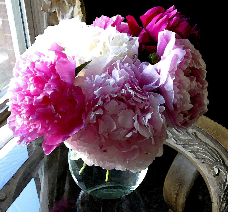 peony bouquet in glass vase