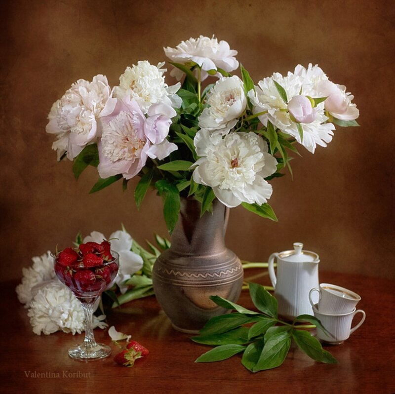 Peony Bouquet in Vase — Brown, Serene