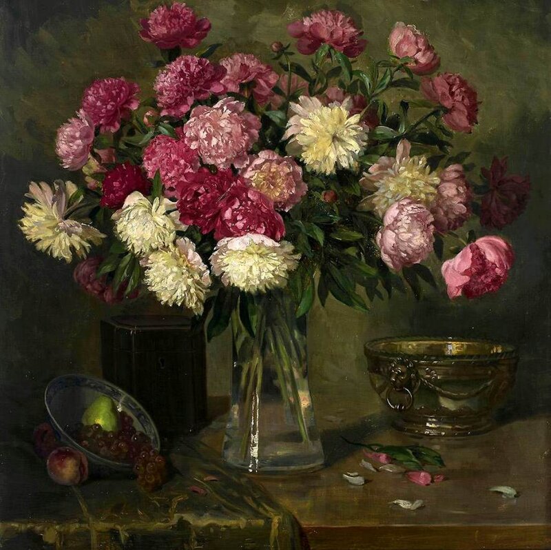 Peony Bouquet in Vase — Pink, Calm, Painting, Fruit Bowl