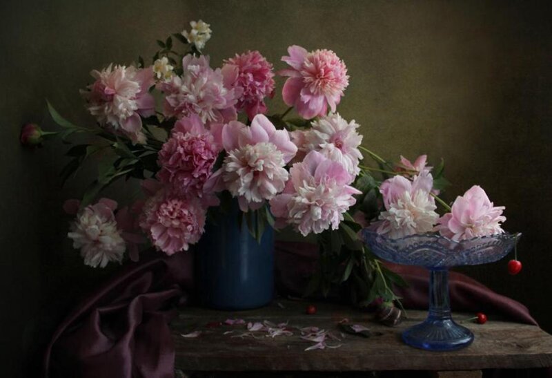 Peony Bouquet in Vase — Pink, Dramatic, Photograph, Cherry