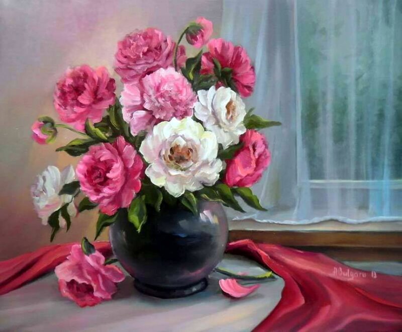 Peony Bouquet in Vase — Pink, Serene, Afternoon, Painting