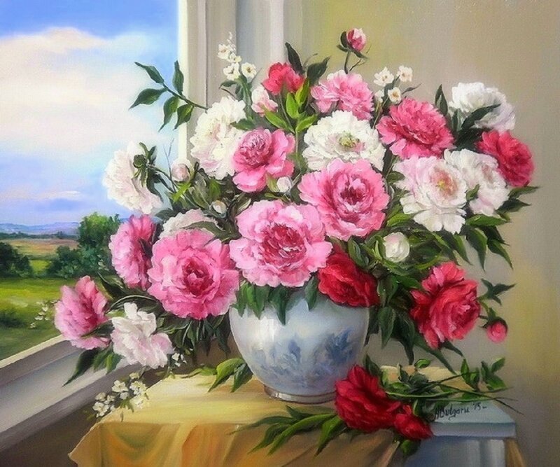 Peony Bouquet in Vase — Pink, Serene, Afternoon, Painting, Window, Table