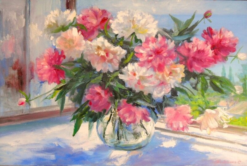Peony Bouquet in Vase — Pink, Serene, Afternoon, Painting, Window