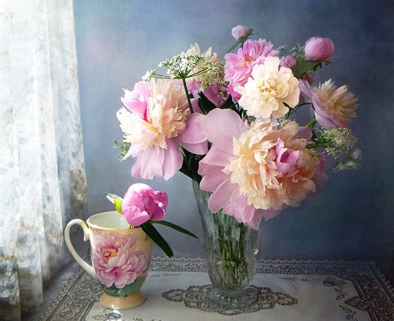 Peony Bouquet in Vase — Pink, Serene, Afternoon, Photograph